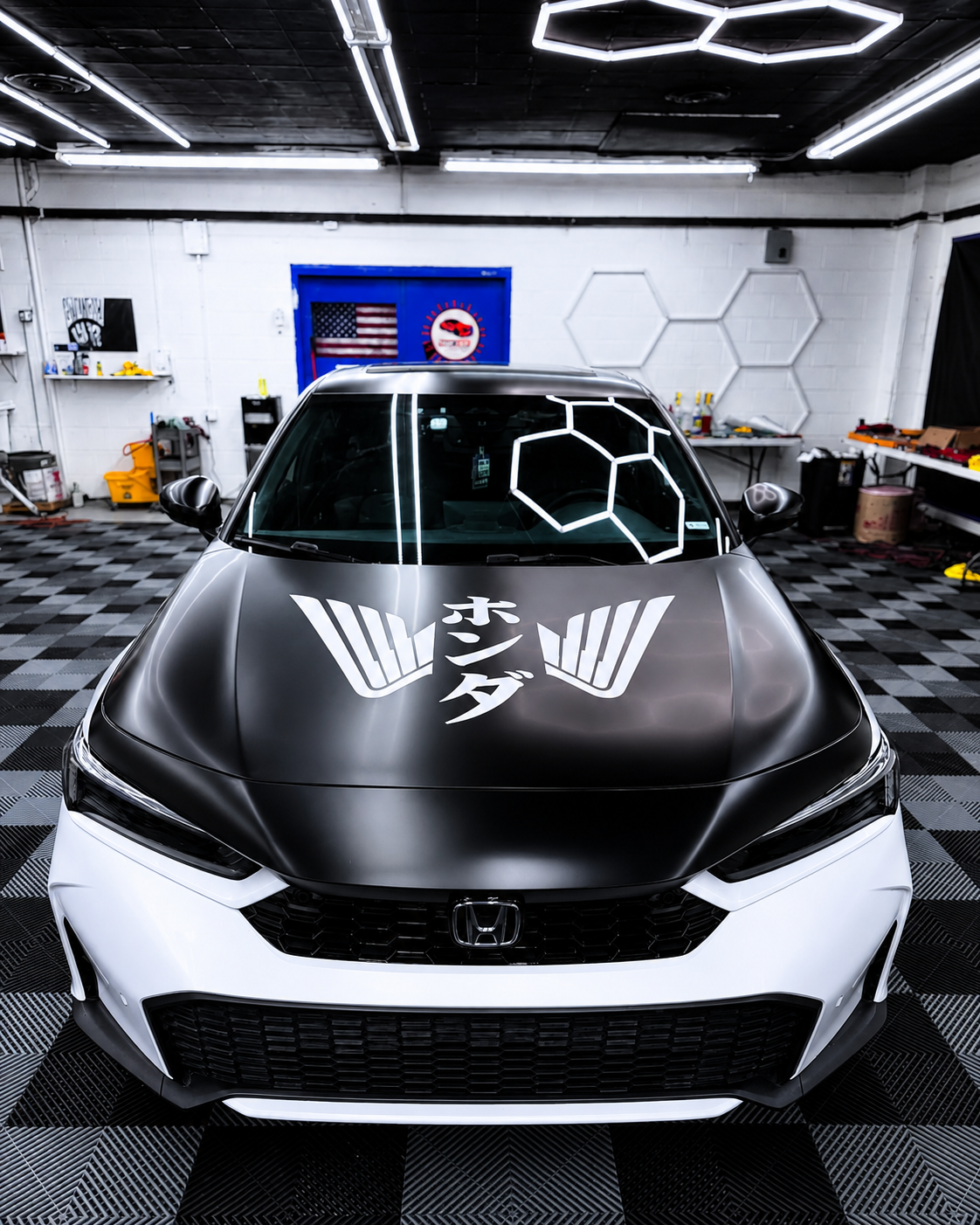 Honda with a matte black hood and custom printed Japanese-style vinyl graphic by CustomsByAli in Elyria, OH