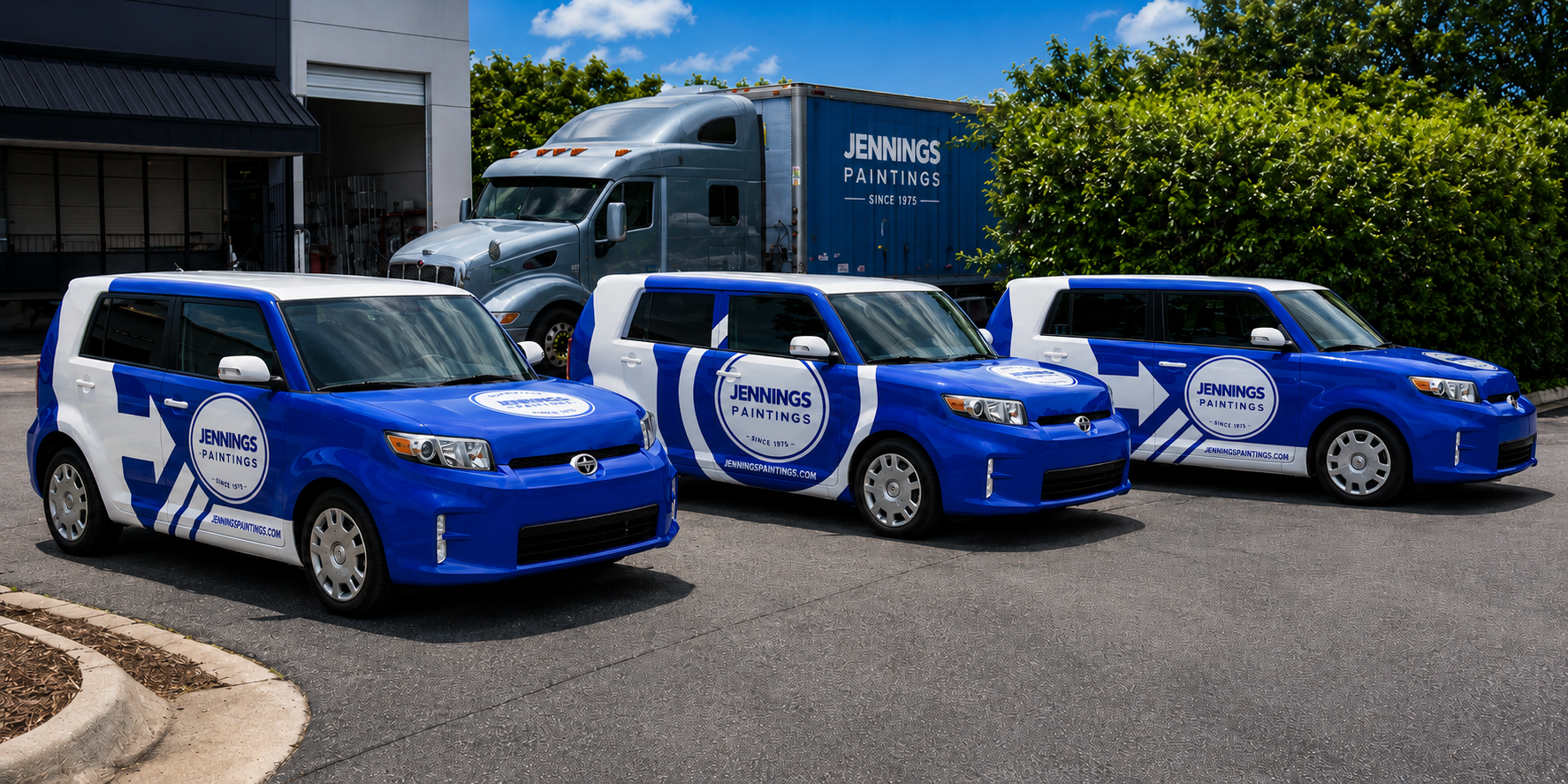 Fleet of blue and white Jennings Painting commercial vehicles showing consistent wrap branding