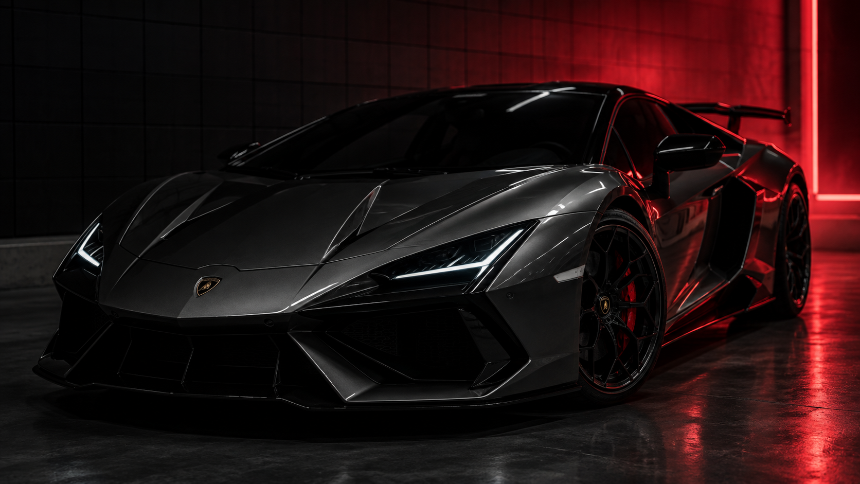 Grey Lamborghini Huracán with red accent lighting