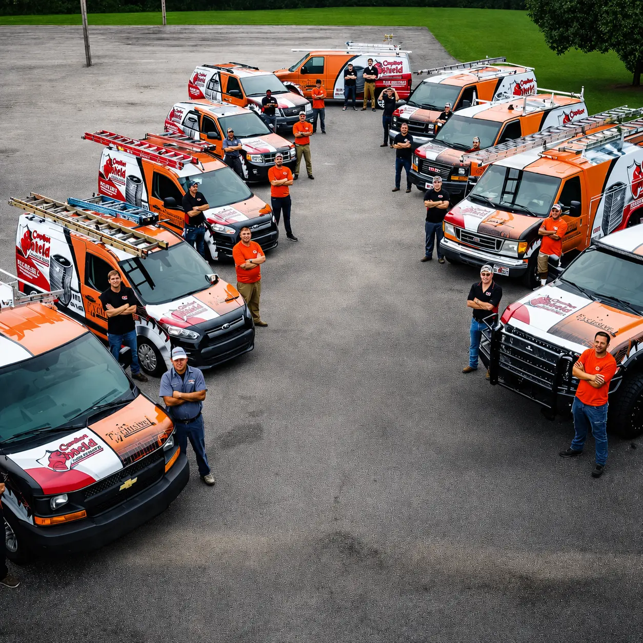 Aerial view of a branded commercial fleet with team members by CustomsByAli