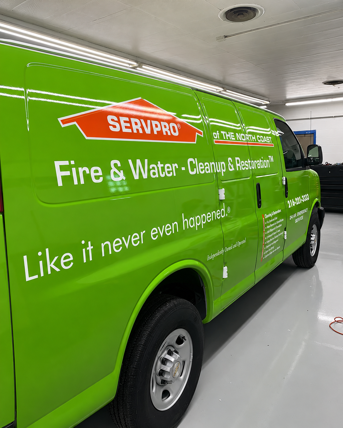 Bright green commercial van wrap with company branding by CustomsByAli in Elyria, OH