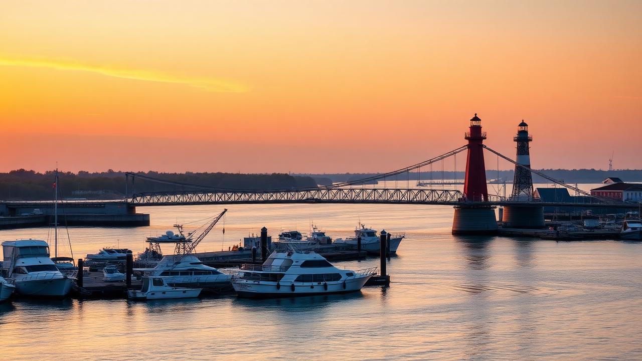 Historic downtown Lorain, Ohio along the Black River with the Charles Berry Bridge at golden hour